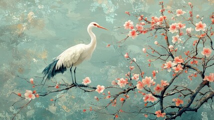 Naklejka premium White Crane Perched on a Peach Blossom Branch