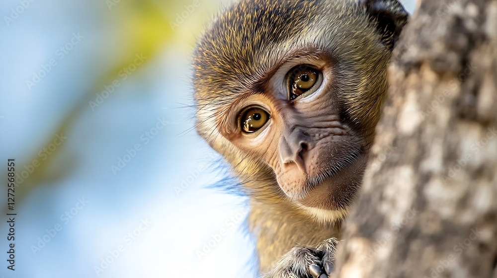 Poster curious baboon looking out from tree with bright eyes captured in nature : generative ai