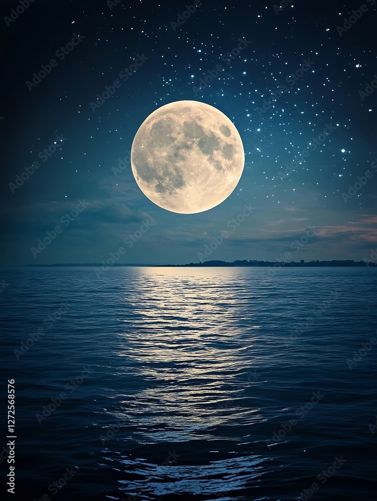 Aufkleber Stunning full moon illuminated over a calm sea background with a starry night sky creating a serene scene : Generative AI