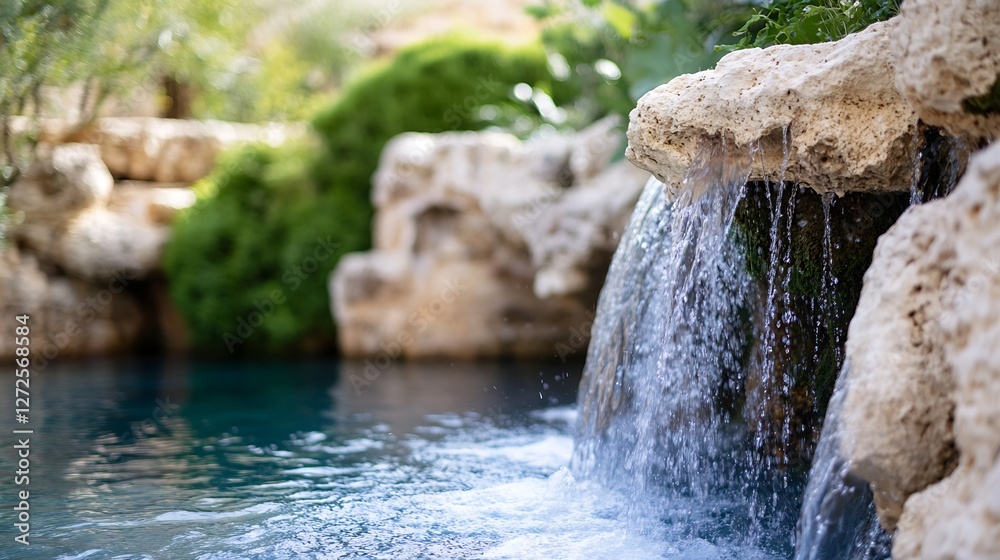 Poster serene waterfall cascading into a tropical oasis surrounded by lush greenery : generative ai