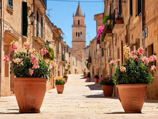 Italian town street, flowers, stone buildings, church spire, sunny day