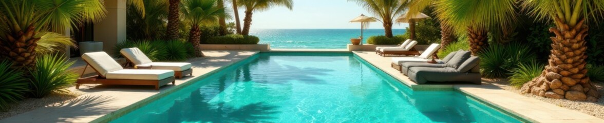 Fototapeta premium Palm fringed oasis pool, shimmering blue water, sun-drenched sands, nature, arid