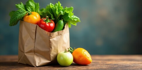 Overripe fruit and vegetables bursting from a split paper grocery bag , mess, vegetables, ripe