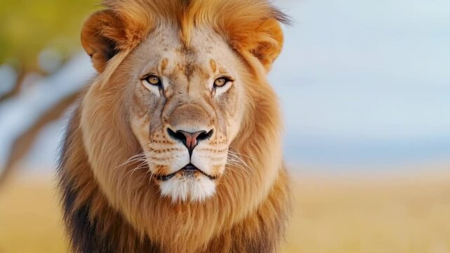 Close up of a majestic male lion, golden brown mane, intense gaze, light blue background, African savanna setting