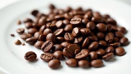 Roasted coffee beans scattered on white plate, plate, porcelain