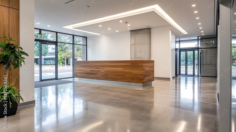 Aufkleber modern lobby design with natural light and wooden reception desk : generative ai