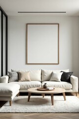 Fototapeta premium Modern Minimalist Living Room Interior Design with a Large Blank Canvas for Artwork Above a Comfortable Sectional Sofa and Round Coffee Table
