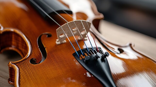 Detailed Image of Violin with Strings and Bridge Showcasing Musical Craftsmanship : Generative AI