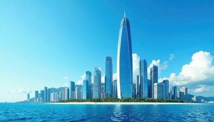 Fototapeta premium Sleek skyscrapers pierce azure sky, ocean backdrop , business, urban