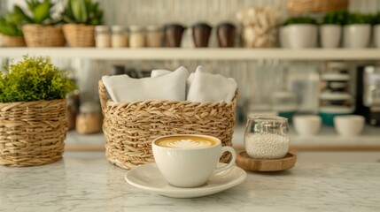 Latte in cafe, basket of napkins, plant backdrop