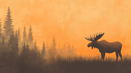 Moose Festival, green forest gradient background to dusk orange, on the right side there is a silhouette of a large moose with majestic antlers standing in the middle of a meadow with a dense forest