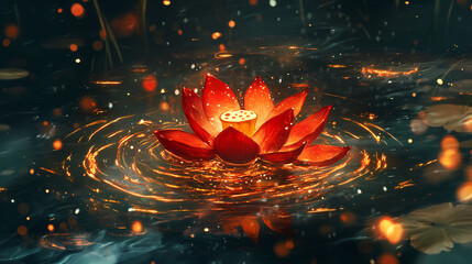 Elegant red lotus flower floating on water with golden reflections, serene and mystical. Floating Luminous Petals. Illustration