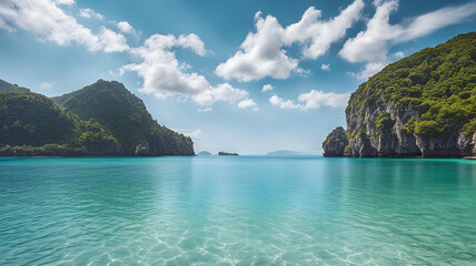Fototapeta premium Crystal clear sea water bay. Pristine ocean lagoon water and sunny cloudy sky. 