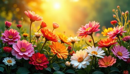 Sun-kissed array of flowers, diverse colors and textures , flowerbed, flower show