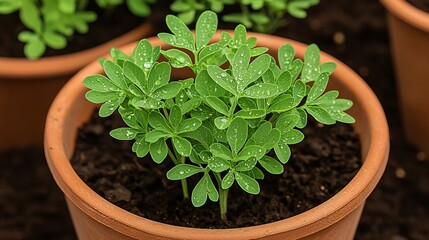 Lush green seedlings thriving in terracotta pots with droplets, showcasing growth