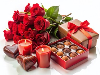 Romantic Valentine's Day Gift Set: Chocolate, Flowers, and Candle