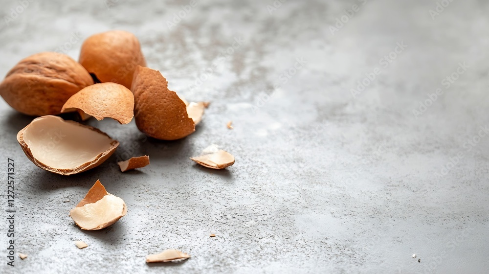 Poster natural almond shells cracked open on a grey textured surface : generative ai