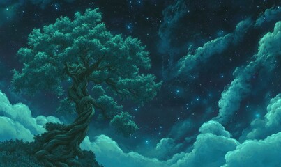 Obraz premium A serene night sky with a majestic tree under a starry backdrop, evoking tranquility and wonder
