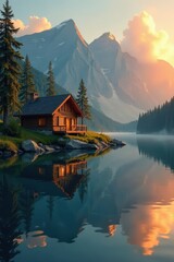 Fototapeta premium Sunrise paints cabin gold, tranquil lake reflects light , still, clouds, holiday