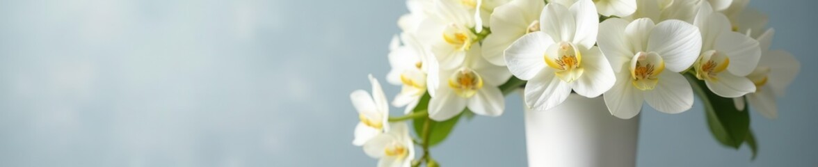 Fototapeta premium Tall white vase, cascading white hydrangeas and orchids , cascade, table decor