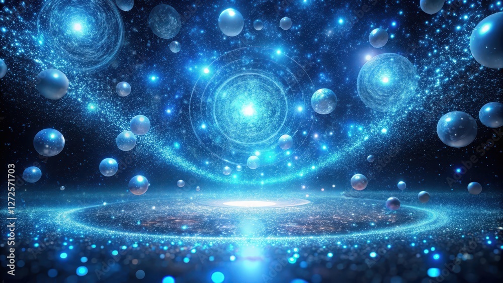 Wall mural celestial dance shimmering spheres orbiting a radiant galactic core, illuminated by myriad sparkling