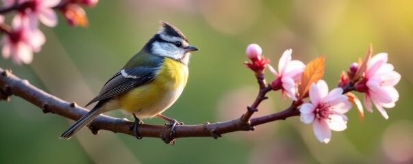 Obraz premium Tiny titmouse perched on blossoming cherry branch , delicate, peaceful, outdoors