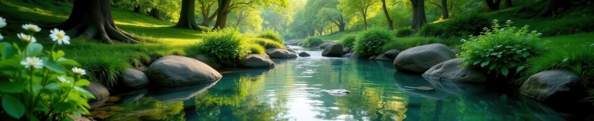 Tranquil pond with gently flowing stream, lush greenery , organic, reflection, natural