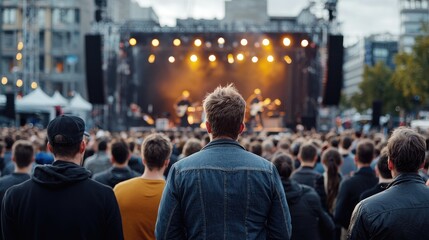 Fototapeta premium Crowd of spectators watching a live music performance on an outdoor stage during a daytime festival.