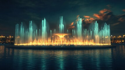 Night view of a large, illuminated fountain with water jets creating tall, dynamic shapes against a dark sky and calm water.