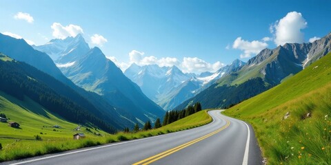 Asphalt ribbon winds through a majestic alpine valley, showcasing a picturesque panorama of snow-capped peaks and verdant meadows under a brilliant summer sky.