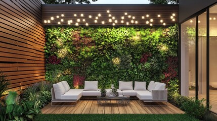 Modern Outdoor Patio With Living Wall And Lighting
