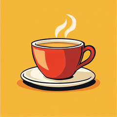 Obraz premium Cheerful Graphic of a Steaming Red Ceramic Coffee Cup with Saucer on a Yellow Background