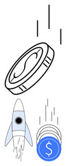 Coin launching upwards accompanied by a blasting rocket. Falling coin stacks signify accumulating profits. Ideal for finance, investment, innovation, growth strategies, startups, economic progress