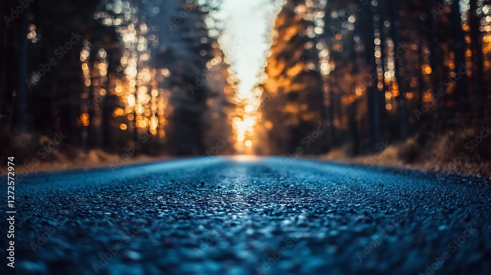 Aufkleber tranquil forest road during sunset with illuminated trees creating a magical atmosphere of travel an