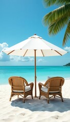 Obraz premium White umbrella shading two wicker chairs, idyllic beach scene, ocean, coast