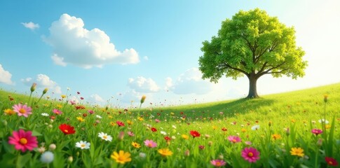Obraz premium Wildflowers carpet meadow, single tree in soft sunlight, countryside, flowers, peace