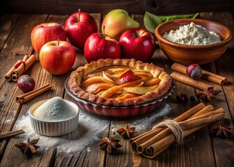 Fototapeta premium Rustic Apple Pie Ingredients: Cinnamon, Apples, Butter, Flour, Sugar - Baking Photography