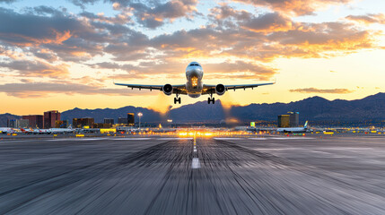 stunning sunset view of airplane taking off from airport runway