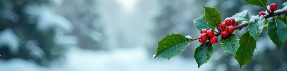 Holly branch against a snowy background with red berries, nature photography, evergreen foliage,