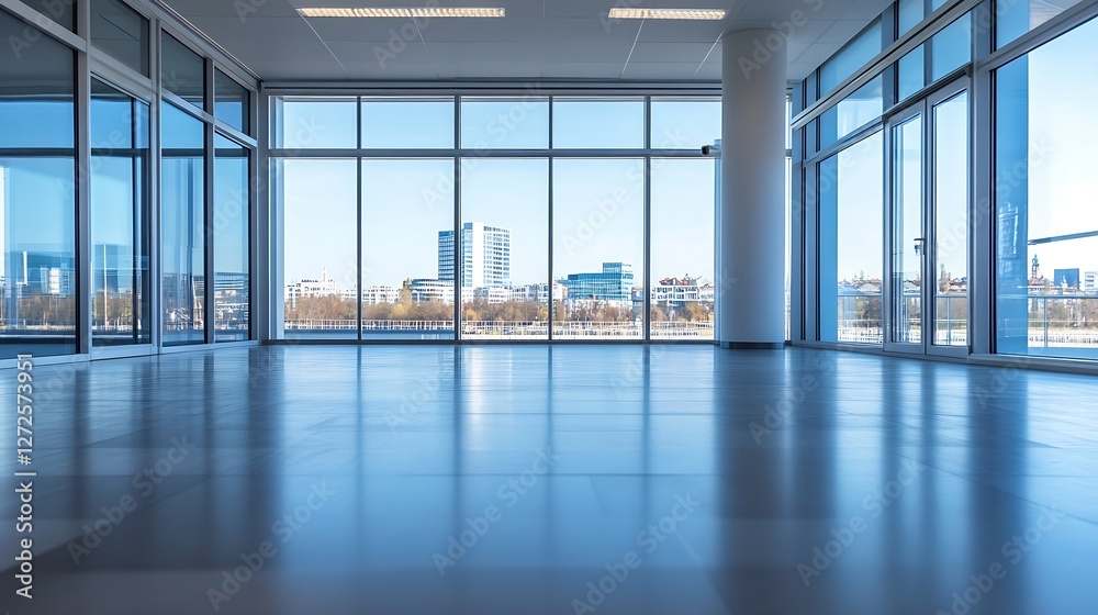 Aufkleber modern office space with expansive glass windows and sleek flooring in bright daylight : generative 