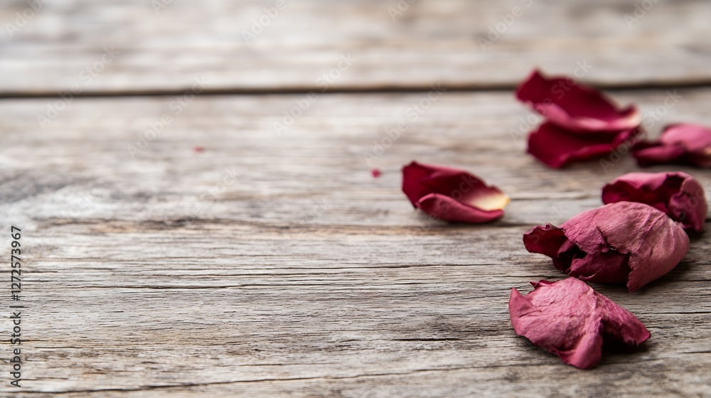 Poster fragile beauty of scattered dried rose petals on rustic wood surface creating a romantic and vintage