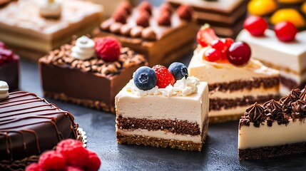 Delicious assortment of luxurious desserts featuring various cakes topped with fresh berries and chocolate accents : Generative AI