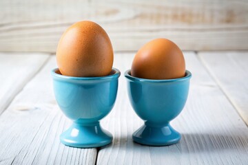 Rustic Brown Eggs in Blue Egg Cup &ndash; White Background Stock Photo