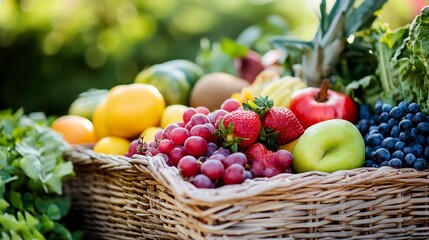 Vibrant assortment of fresh fruits in a wicker basket outdoors : Generative AI