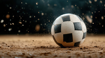 Fototapeta premium close up of soccer ball on sandy field, showcasing motion and energy