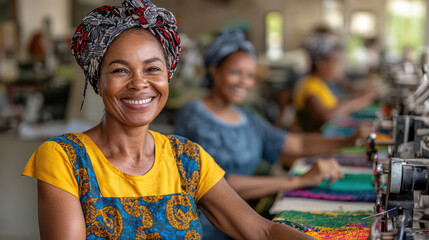 group of women cooperative workshop sewing vibrant fabrics, showcasing teamwork and creativity