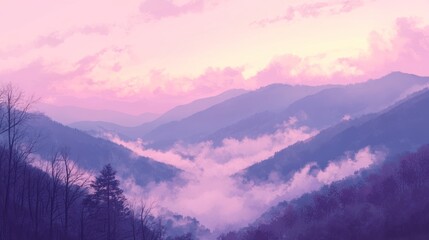 Fototapeta premium Misty Mountains Sunset Purple Hues Landscape