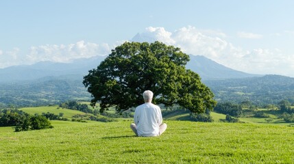 Fototapeta premium Senior man in white clothing meditates in lotus position on a green grassy hill under a large tree with mountains in the background.