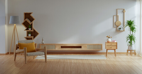 Empty living room mockup a cabinet for TV with armchair in living room with white color wall- 3D...