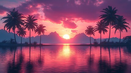Pink sunset over tropical beach, calm ocean, palm trees, mountains, vacation backdrop